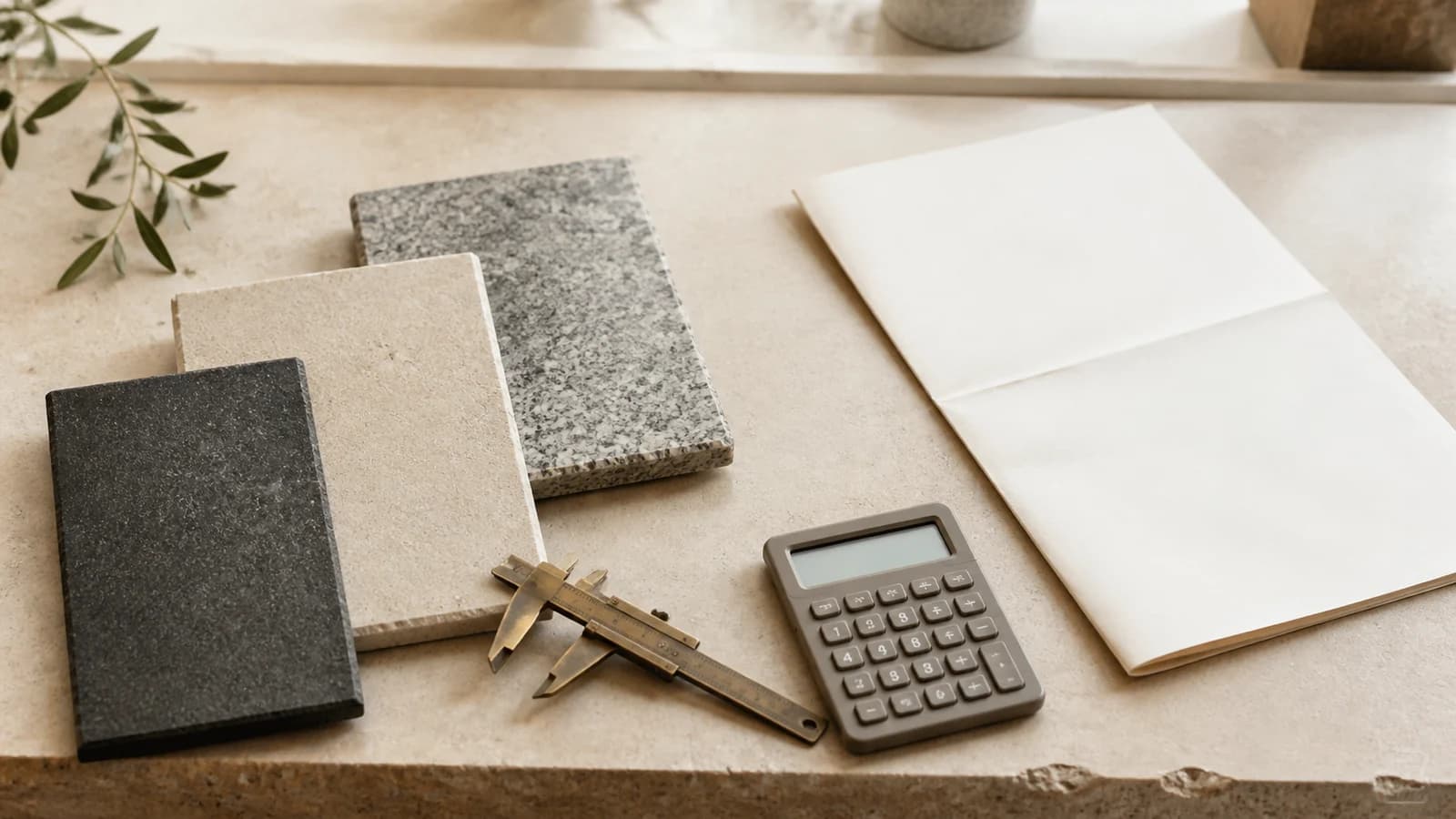 Natursteinmuster mit Messschieber, Taschenrechner und leerem Angebotsbogen
